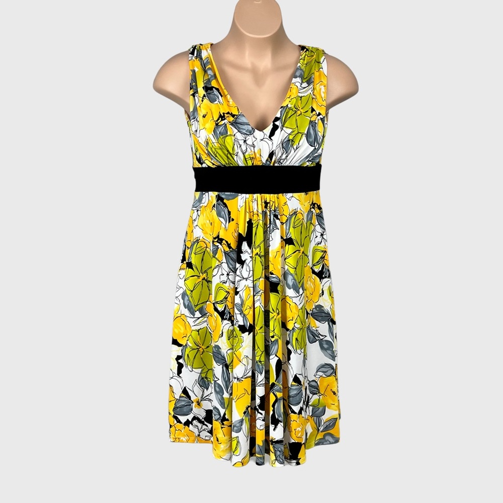 Jones Wear Yellow Green Floral Sleeveless V Neck Dress 14